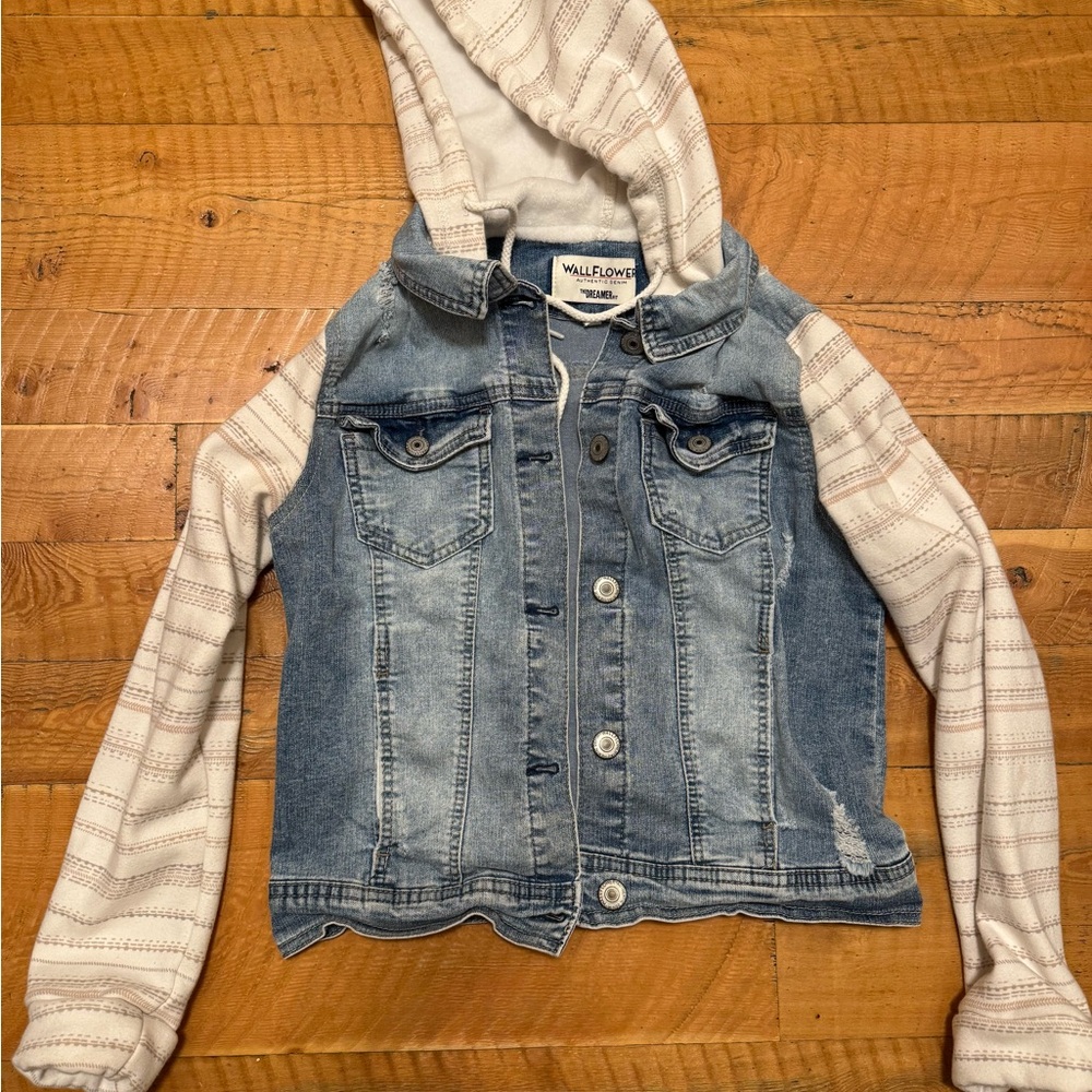 Wallflower juniors Denim Jacket with Hood - Blue and White